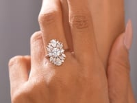 Round & Pear Cut Moissanite Cluster Engagement Ring: Art Deco Floral Statement Design