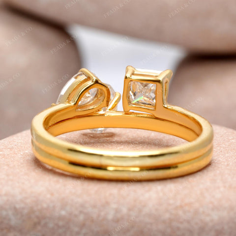 Yellow Gold Moissanite Three Stone Engagement Ring • Princess, Oval & Pear Cut