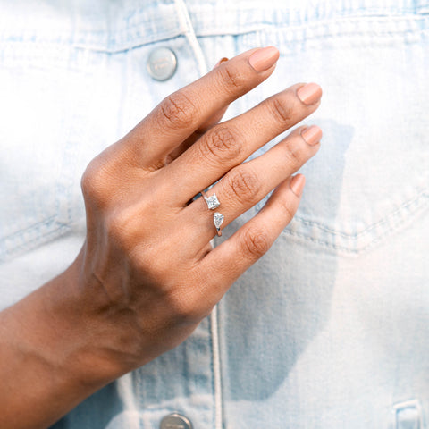 Yellow Gold Moissanite Three Stone Engagement Ring • Princess, Oval & Pear Cut