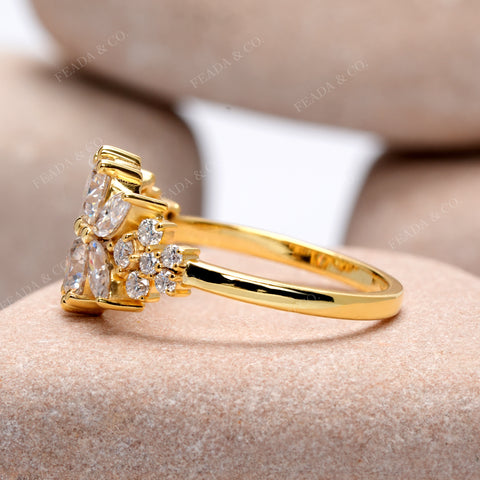 Floral Moissanite Cluster Ring • Round & Marquise Cut, Yellow Gold