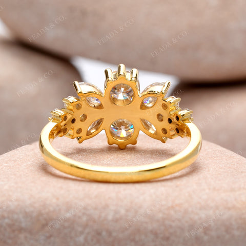 Floral Moissanite Cluster Ring • Round & Marquise Cut, Yellow Gold