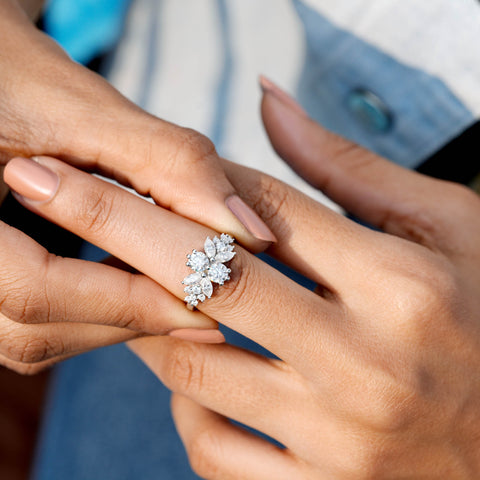 Floral Moissanite Cluster Ring • Round & Marquise Cut, Yellow Gold