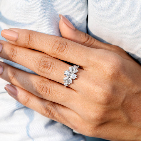 Floral Moissanite Cluster Ring • Round & Marquise Cut, Yellow Gold