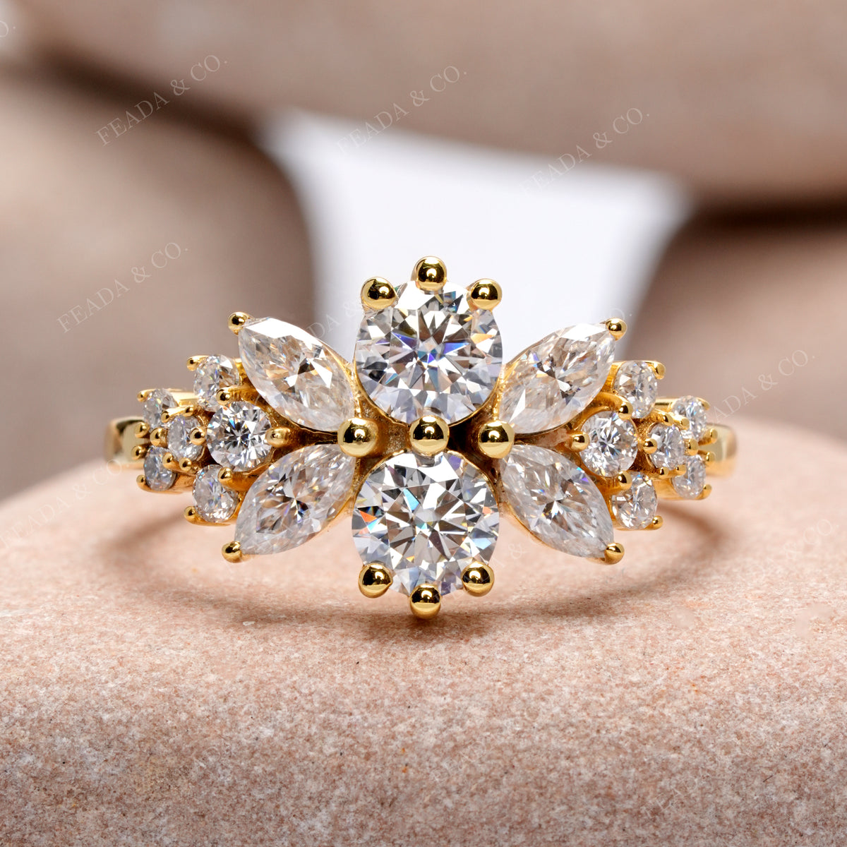 Floral Moissanite Cluster Ring • Round & Marquise Cut, Yellow Gold