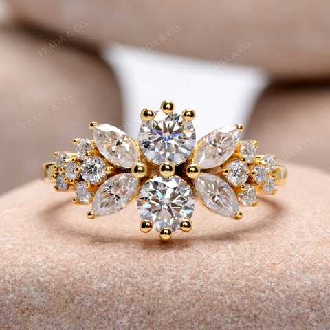 Floral Moissanite Cluster Ring • Round & Marquise Cut, Yellow Gold