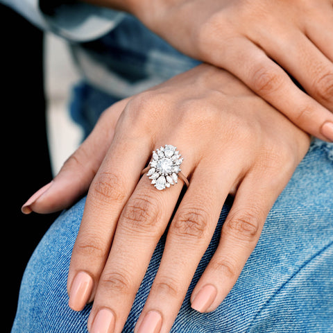 Round & Pear Cut Moissanite Cluster Engagement Ring: Art Deco Floral Statement Design