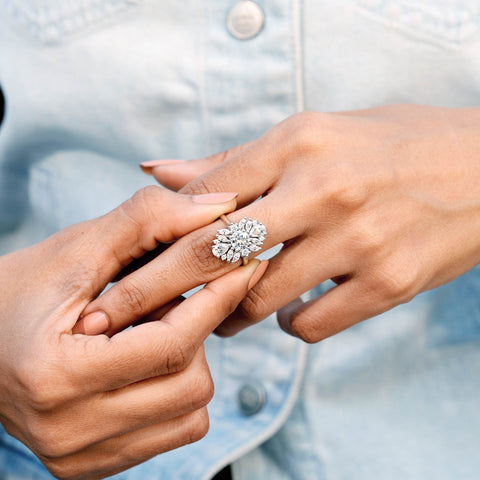 Round & Pear Cut Moissanite Cluster Engagement Ring: Art Deco Floral Statement Design