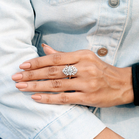 Round & Pear Cut Moissanite Cluster Engagement Ring: Art Deco Floral Statement Design