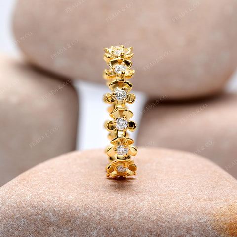 Floral Moissanite Eternity Band: Round Cut Yellow Gold Blossom Ring