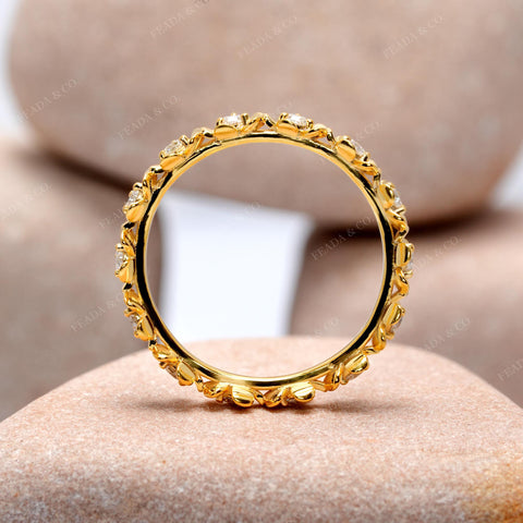 Floral Moissanite Eternity Band: Round Cut Yellow Gold Blossom Ring