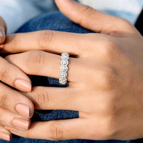 Round Cut Moissanite Eternity Band : Full Halo Wedding Anniversary Ring