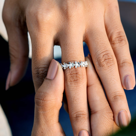 Floral Moissanite Eternity Band: Round Cut Yellow Gold Blossom Ring