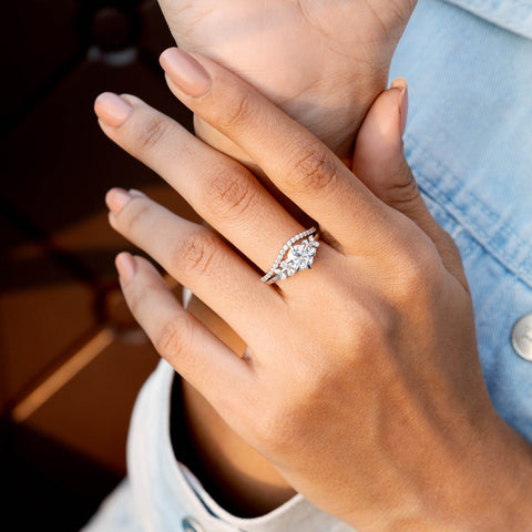 Round Moissanite Solitaire Bridal Set – Sparkle Cluster Accent Ring