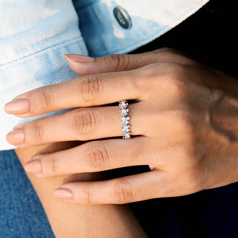 Floral Moissanite Eternity Band: Round Cut Yellow Gold Blossom Ring