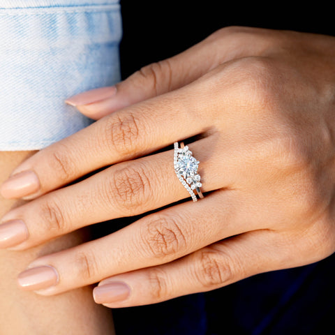 Round Moissanite Solitaire Bridal Set – Sparkle Cluster Accent Ring