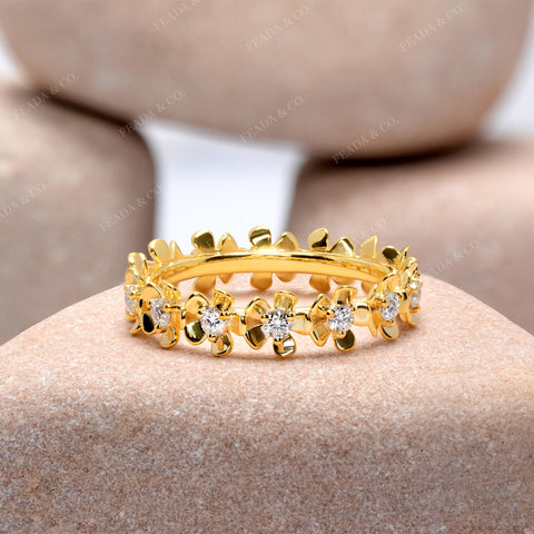 Floral Moissanite Eternity Band: Round Cut Yellow Gold Blossom Ring