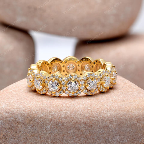 Round Cut Moissanite Eternity Band : Full Halo Wedding Anniversary Ring